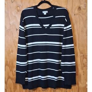 Ava & Viv Sweater Women's 2X Black Cream Striped V-Neck Classic Preppy Office
